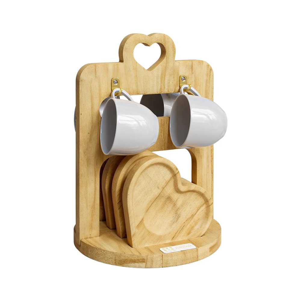 Jogo Xícara Café Porcelana e Pires Com Suporte Madeira Cor Branco